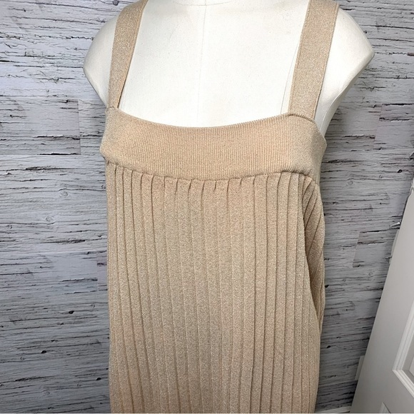 Gold Metallic Pleated Midi Dress Tight Knit Festive Relax fit Shoulder Staps L - Picture 5 of 8